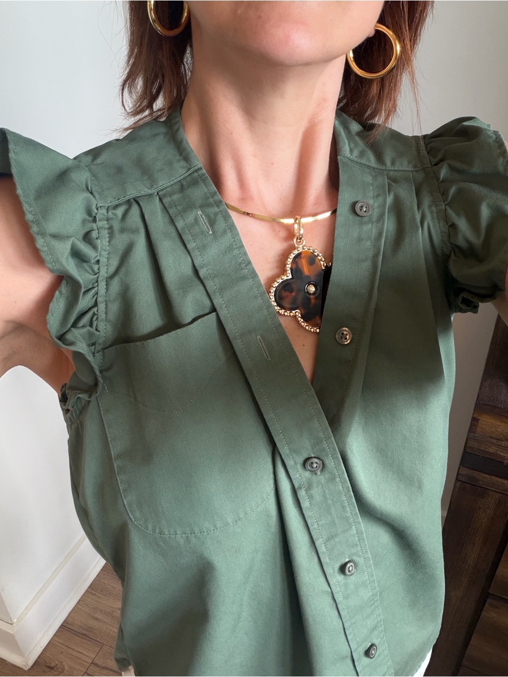 KMJ Ruffled Sleeve  Button-Front Top -  Green